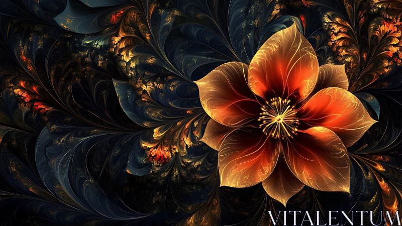 Luminous fractal flower blooms against swirling dark foliage