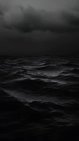 Dark storm-tossed ocean under brooding night sky.