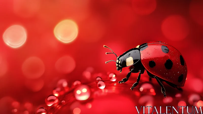 Ladybug strolling across dew drops in a red dreamscape.