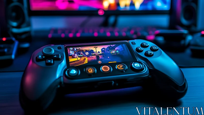 Portable Gaming Controller with Cityscape Display Screen