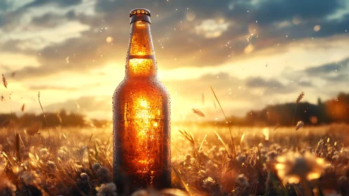 Beer bottle stands in sunlit field at golden hour