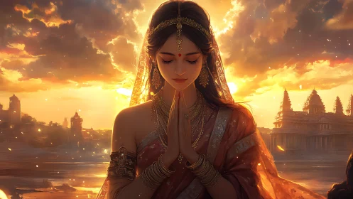 Digital painting of meditative woman at temple sunset.