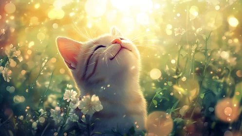Sun-drunk kitten basking in a dewy meadow of light bubbles.