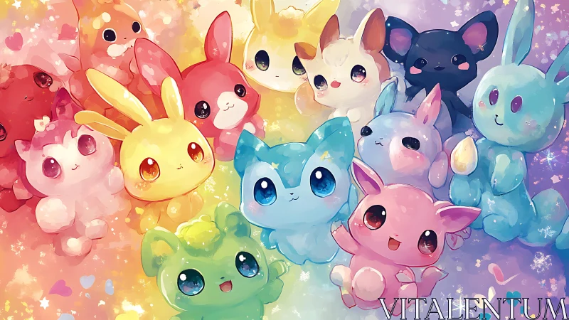 Rainbow cuddle circle of pastel chibi creatures sparkling.