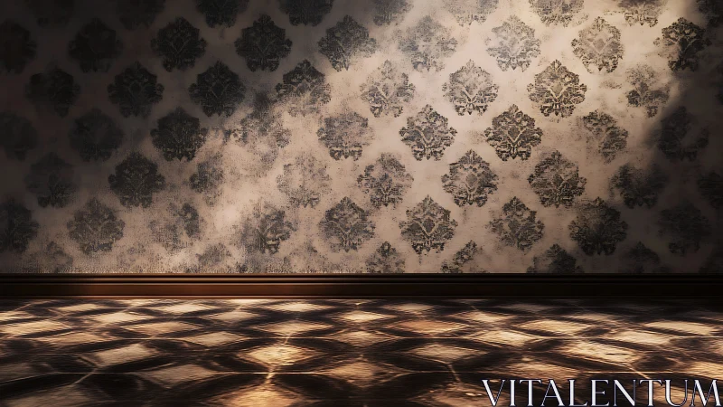 Ornate damask wall and patterned light create moody interior.