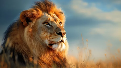 Golden-hour lion watching quiet savanna skies with grace.