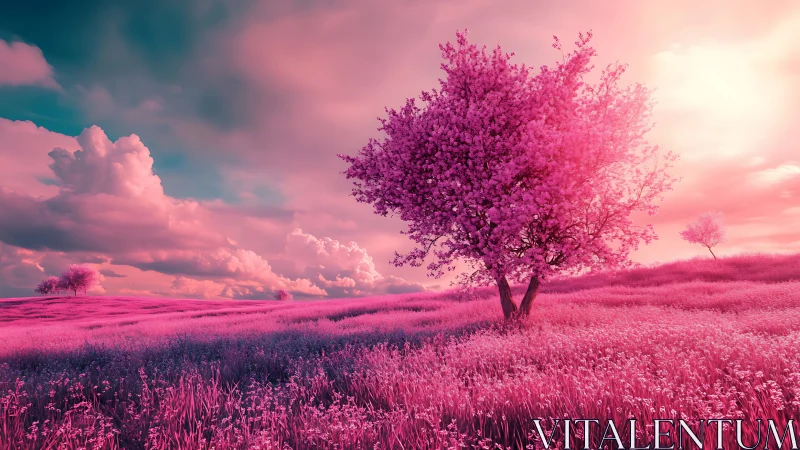 Pink tree in stylized meadow under expansive clouded sky.