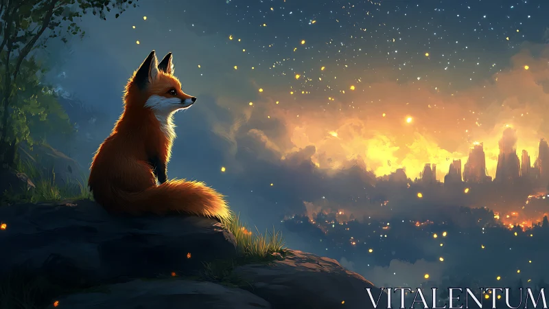 Fox sits on rocky ledge watching glowing distant city lights
