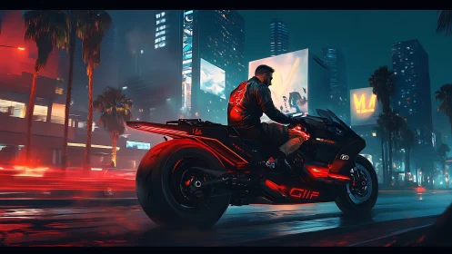 Nighttime urban rider on illuminated futuristic motorcycle