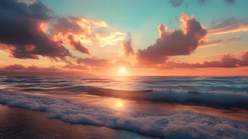 High-saturation ocean sunset with low surf and cumulus clouds