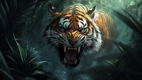 Tiger charges forward through dense jungle with bared fangs