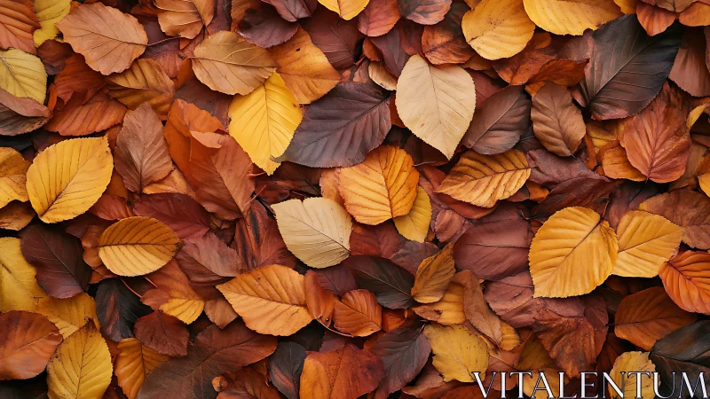 Overlapping autumn beech leaves in warm complementary hues.