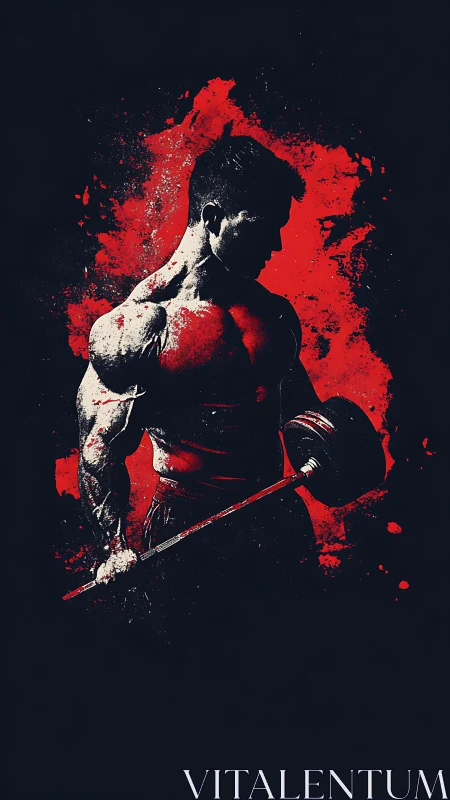 Muscular bodybuilder holding barbell against red splatter background
