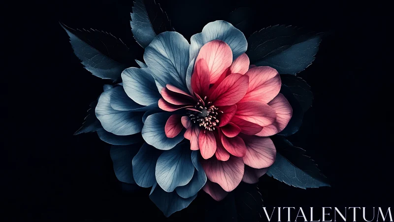 Stylized flower with blue and pink petals against dark background.