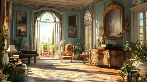 Sunlit Rococo salon with ornate décor and terrace view.