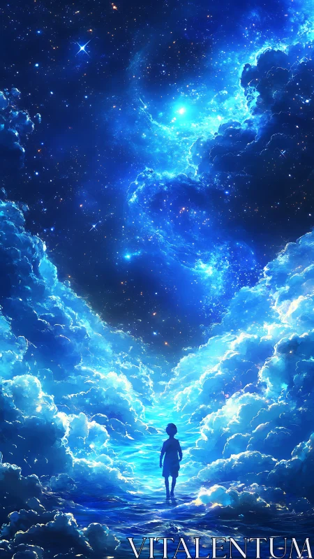 Silhouette child beneath luminous blue clouds and stars.