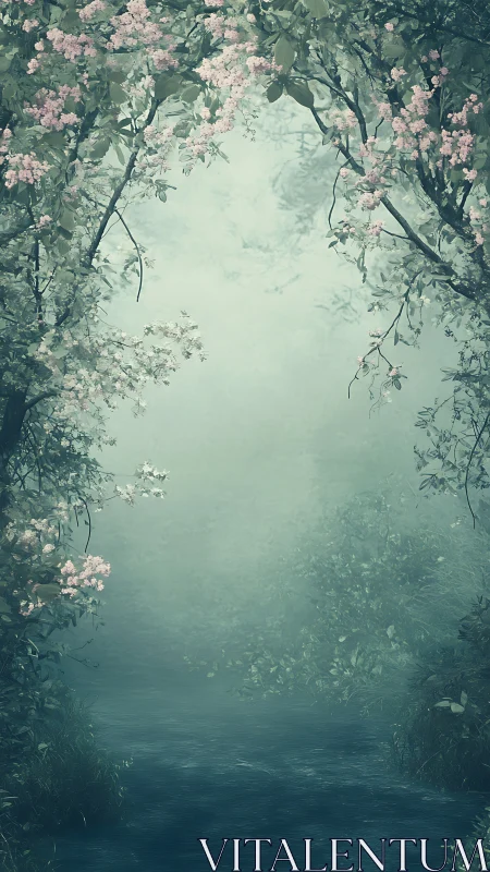 Mist-drenched blossom arch quietly invites a hidden journey