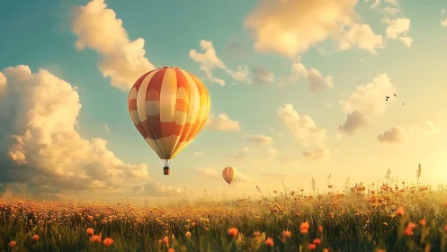 Sunlit hot air balloons drifting above golden wildflower fields.