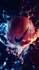 Fiery basketball glows boldly amid swirling blue and red flames