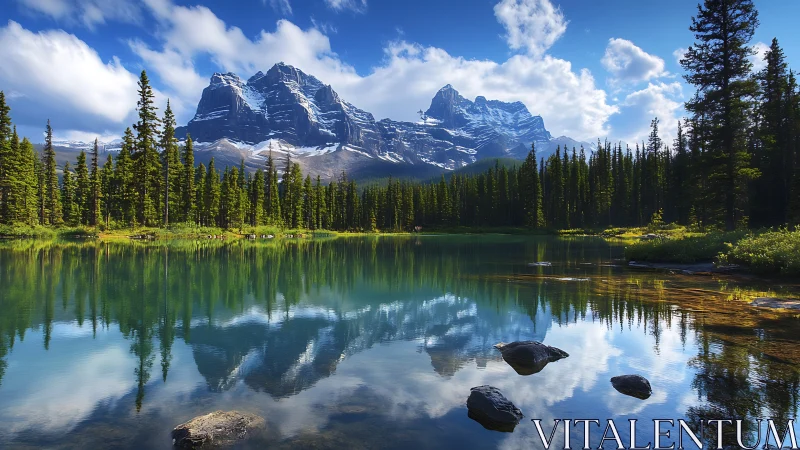 High dynamic range mountain lake with mirrored pine treeline