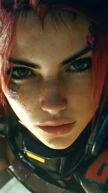 Cybernetic pilot close-up with freckled dermal detailing.