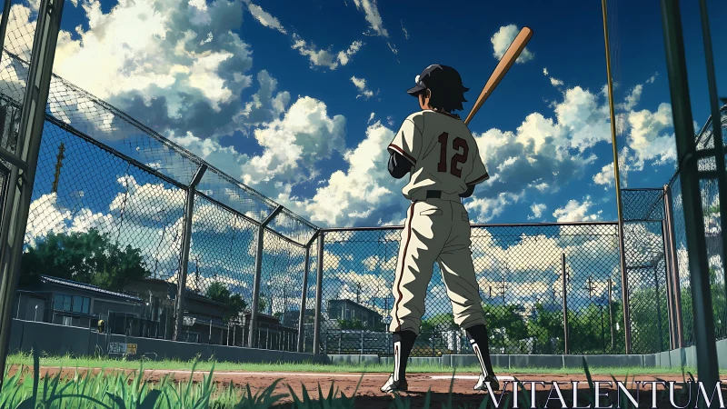 Youth baseball slugger framed by dramatic summer sky.
