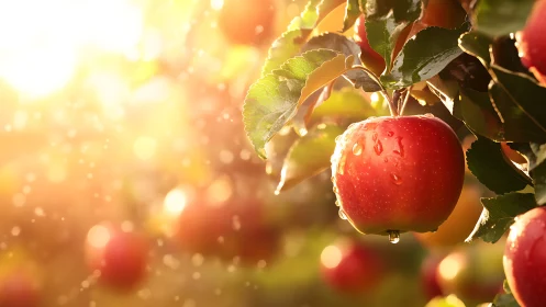 Macro close-up of dewy red apple on tree in golden backlight