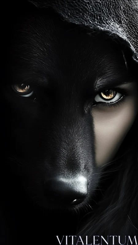 Human and wolf merge in a shadowed, hypnotic portrait