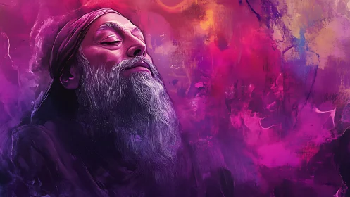 Elderly bearded man in meditative profile amid neon magenta haze