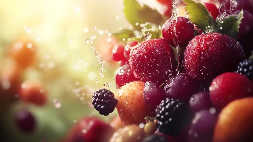 Mixed berries under splashing water captured in close focus