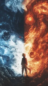 Stormlit hero walks the molten border between ice and flame