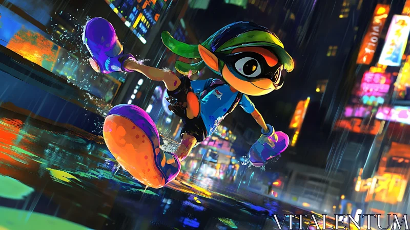 Ink-based humanoid character running in neon city rain scene.
