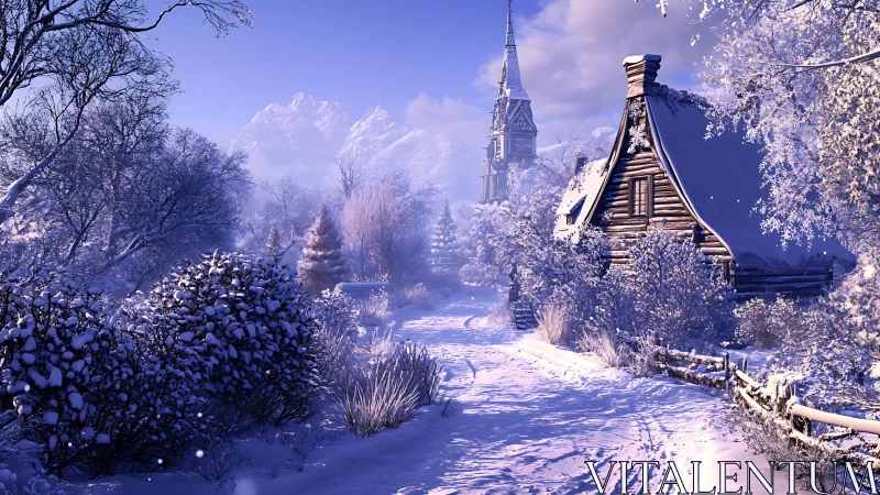 Snow-dusted cottage trail beneath lilac winter hush.