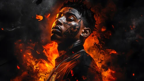 Tattooed figure rises from blazing fire in dramatic darkness