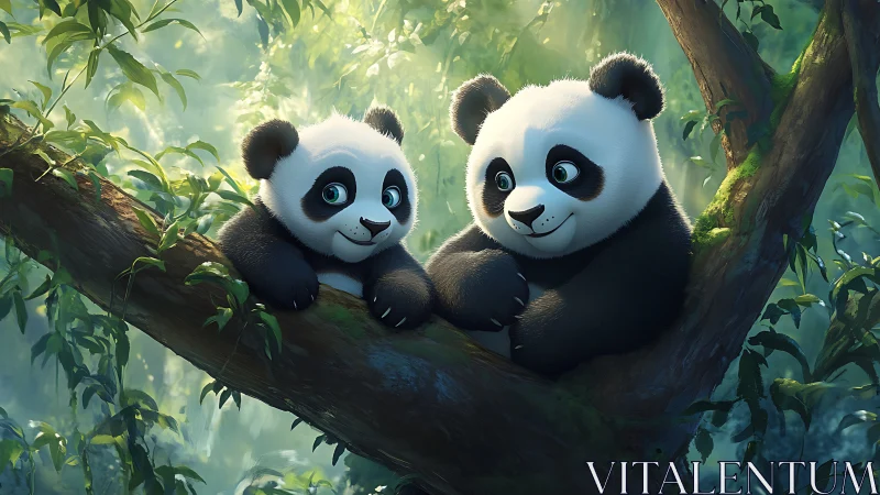 Digital painting of panda cubs on sunlit forest branch.