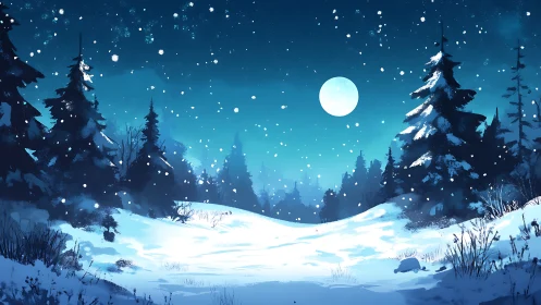Moonlit snowfall drifts gently over a tranquil winter forest