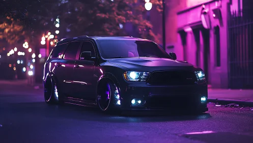 Lowered SUV cuts through neon-lit night street glow.