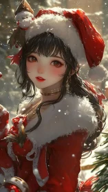 Snowlit anime girl in red Santa costume, sparkling softly.