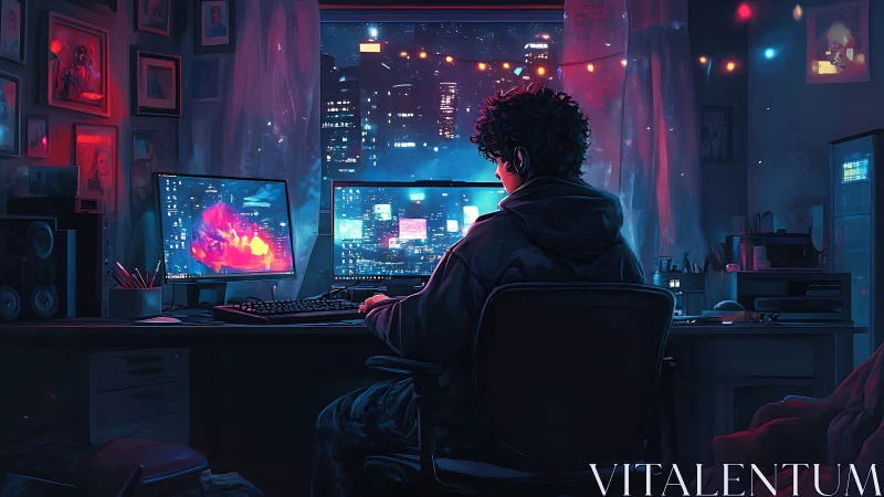 Midnight coder at neon window, weaving digital cityscapes.