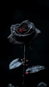 Black rose close-up with dew on petals in dark backdrop.