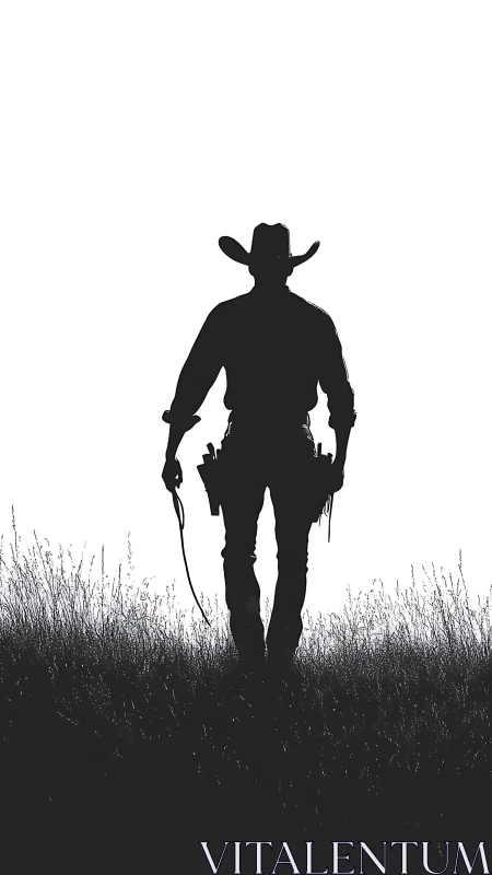 Silhouette of cowboy figure standing in grassy field at dusk.