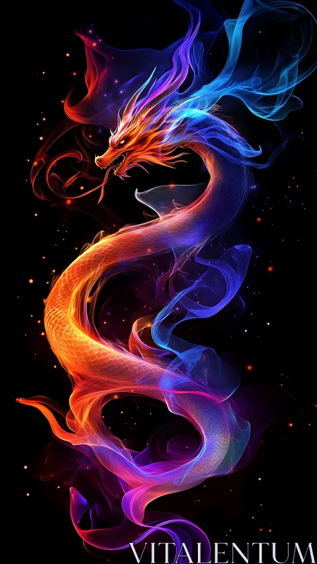 Fiery neon dragon rendered in swirling luminous smoke