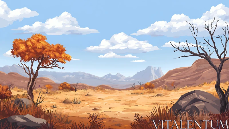 Semi-arid valley landscape shows stylized autumn trees and rocky hills