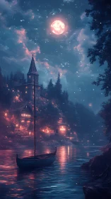 Luminous river village under saturated moonlit cloudscape glow