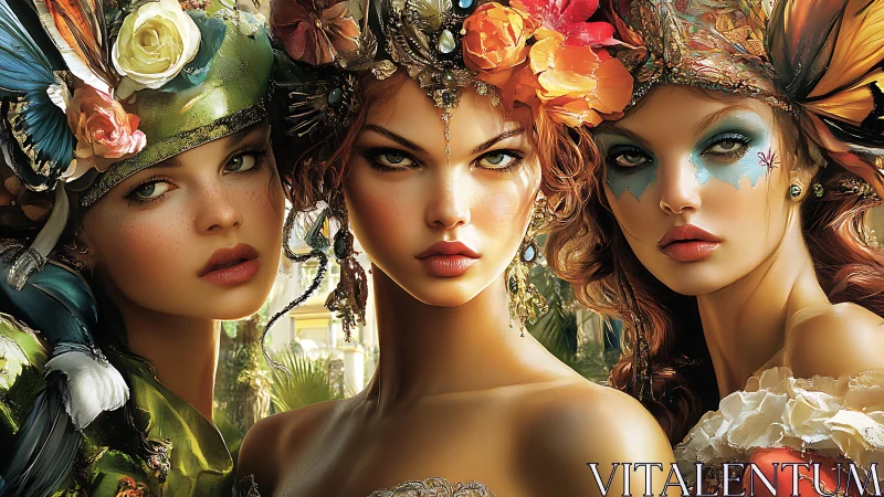 Enchanting trio of floral queens in vibrant fantasy finery.