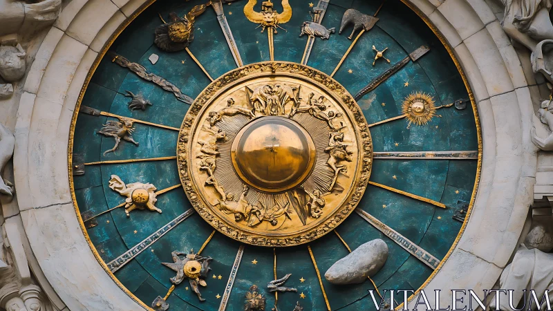 Circular astronomical clock face displays zodiac reliefs