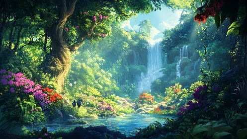 Lush tropical waterfall valley glows under filtered sunlight