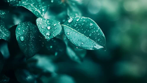 Glistening green leaves hold fresh raindrops in tranquil light