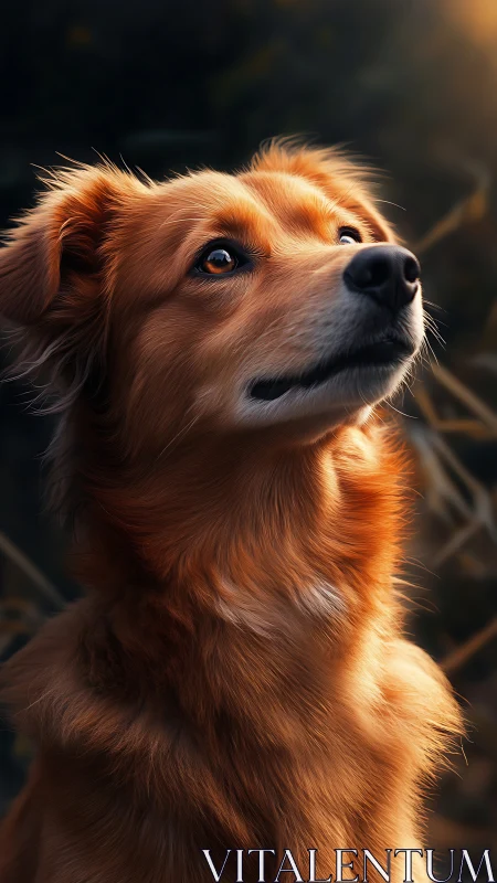 Gentle golden dog gazes upward in warm afternoon light