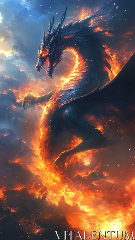 Infernal obsidian dragon rising through cascading firestorm.